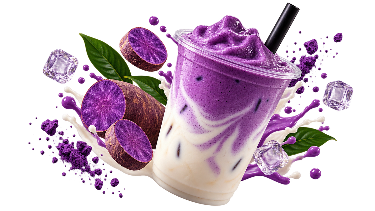 Ube latte met verse paarse ube en ube poeder van Ube Nederland