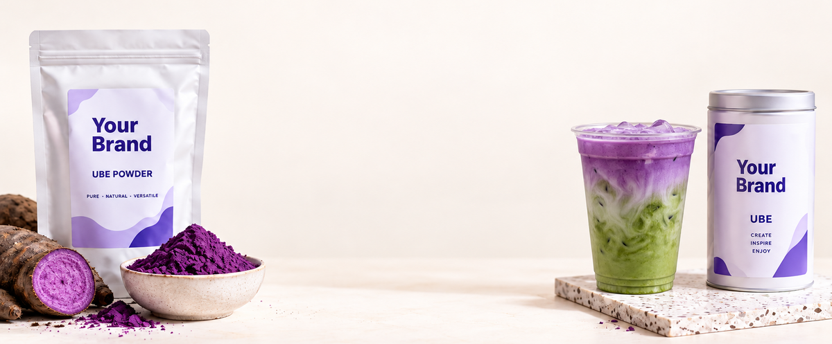 Private label ube poeder met eigen merkverpakking, ube matcha en paarse ube
