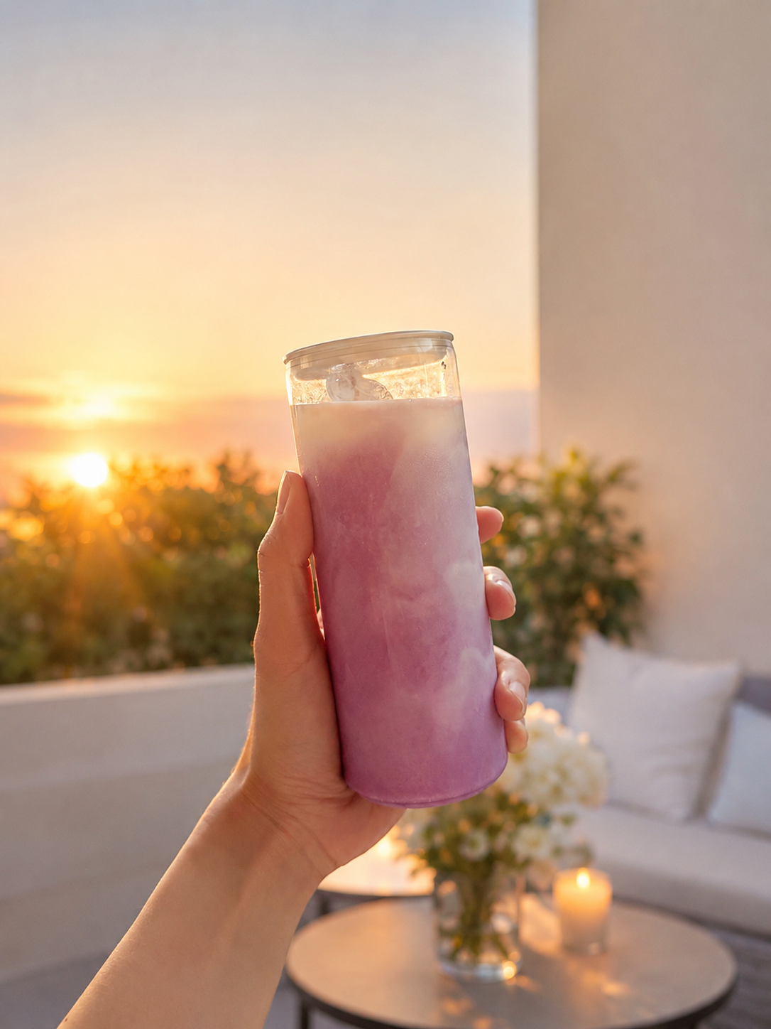 Ube latte in doorzichtig bikje